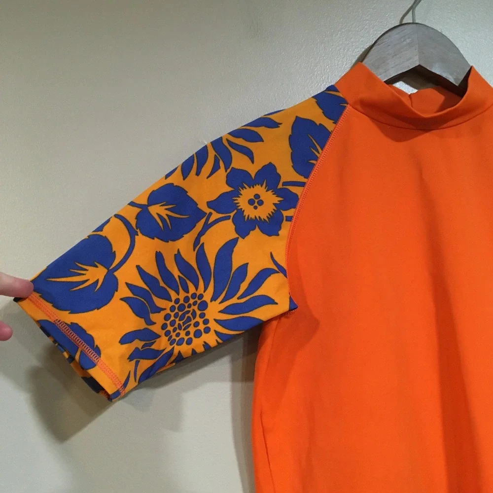 Lands End Short Sleeve Rashguard Boys M Orange Tropical Hawaii Beach‎ Swim Shirt